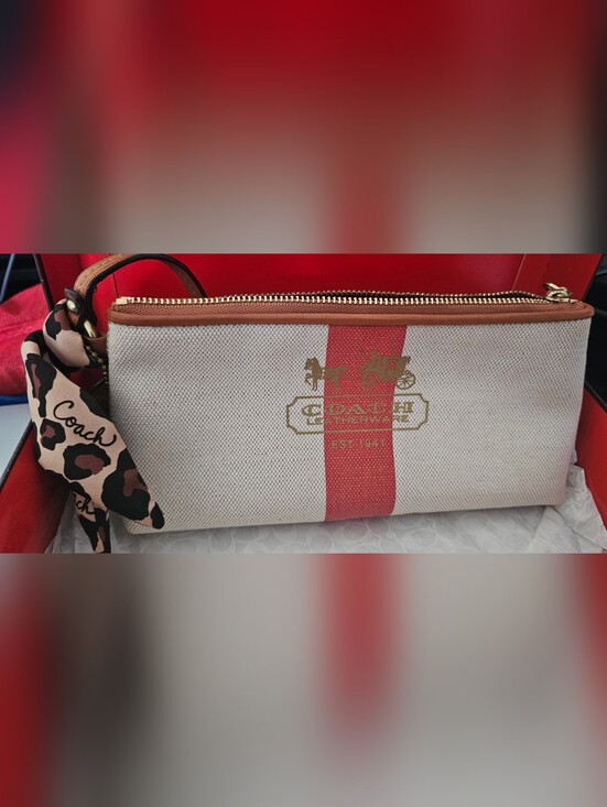 Coach Handbags - NIB Coach Cream and Red Linen and Leather Wristlet with Heritage Stripe Full Inc